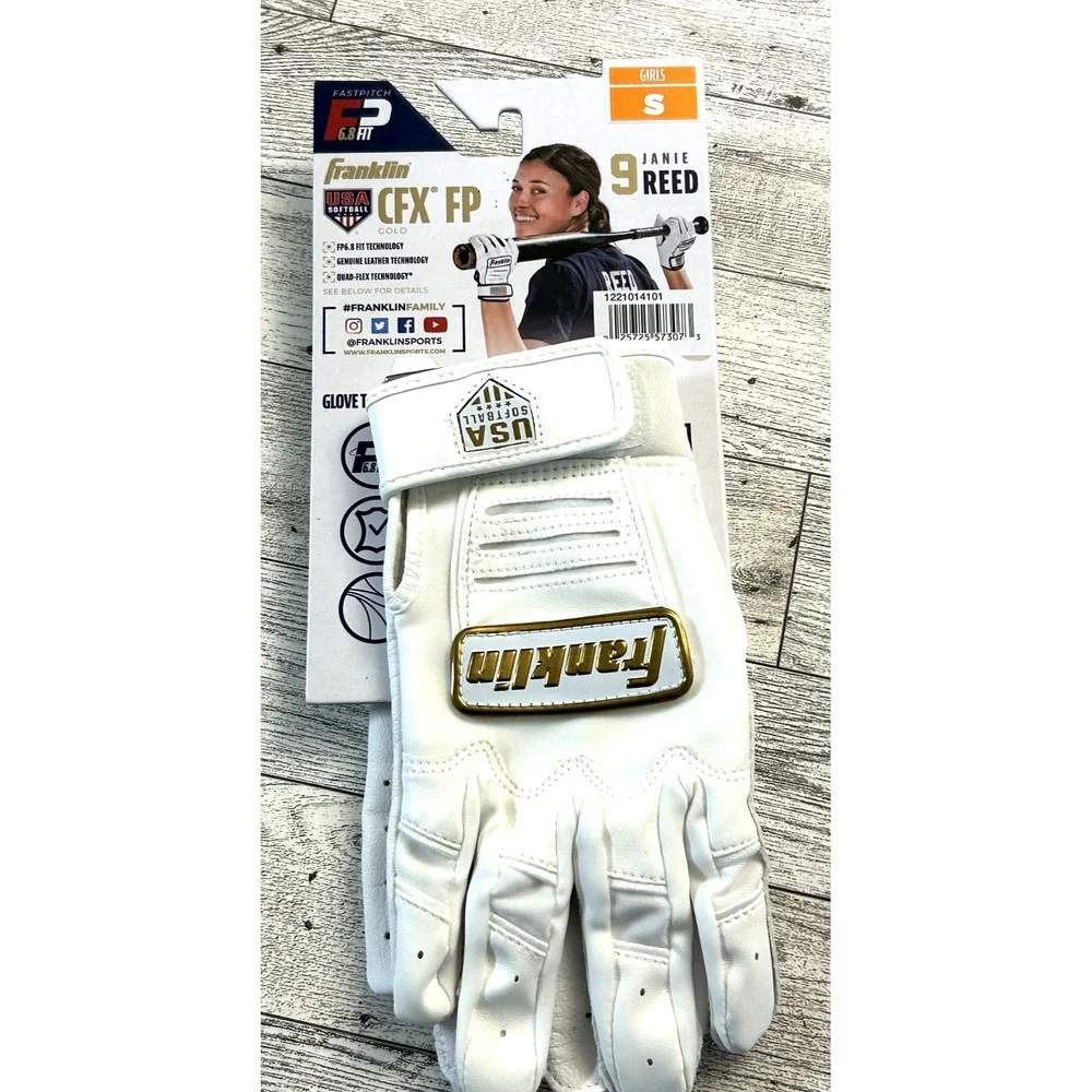NWT Franklin CFX FP White & Gold Fastpitch Batting Gloves Janie Reed Girls SMALL - Picture 2 of 5